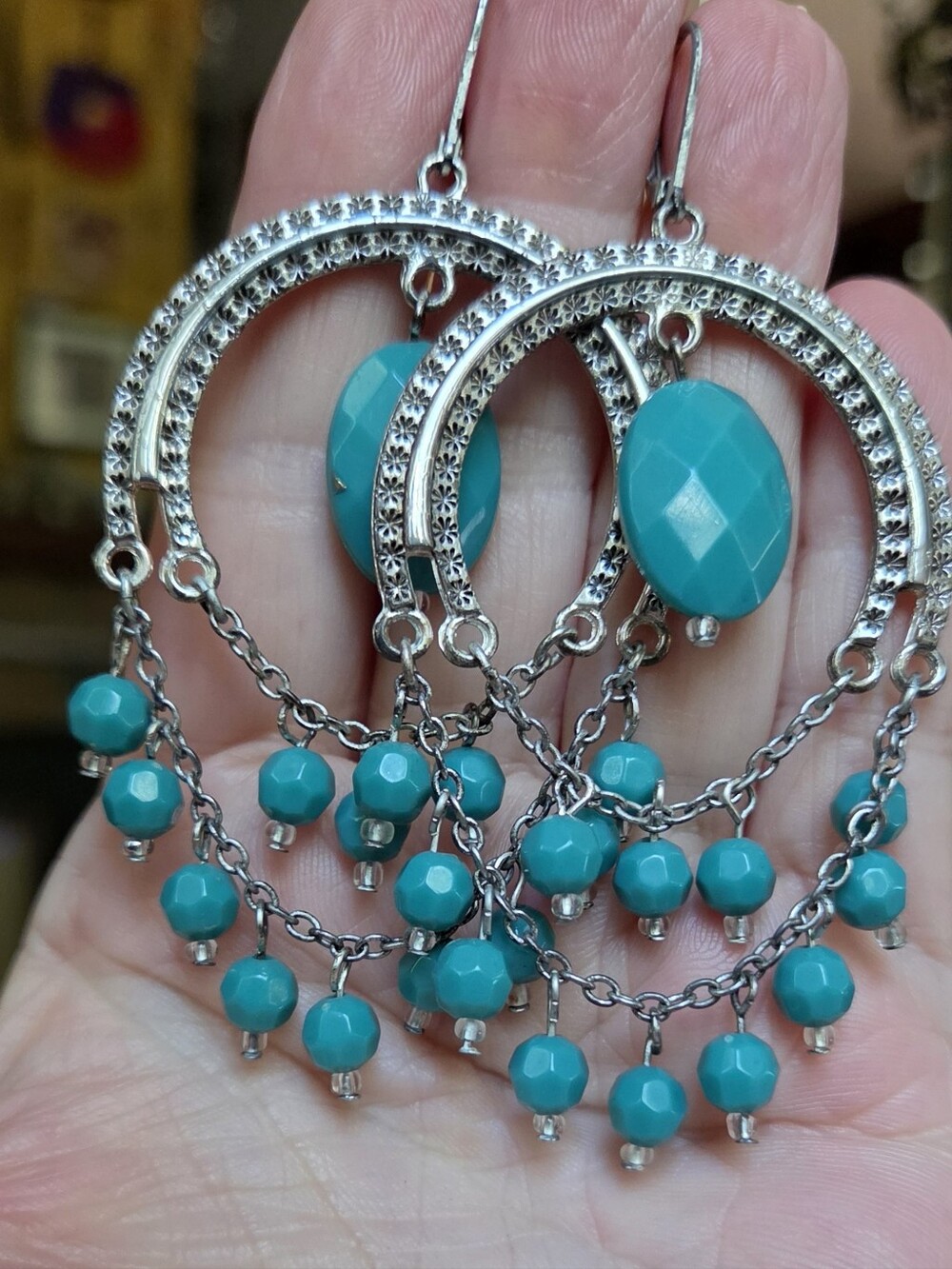 H&M Teal Beaded Silver-Tone Chandelier Earrings - Picture 2 of 5